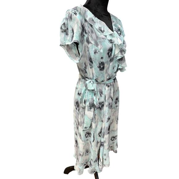 Blair Faux Wrap Dress Watercolor  aqua gray 14P Ruffles Sheer Y2K Coquette Fairy - Picture 3 of 15
